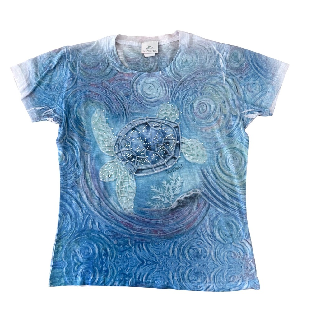 Vintage Made In USA SeaWorld Turtle Graphic Tee Blue Ocean‎ Swirl Rhinestone M